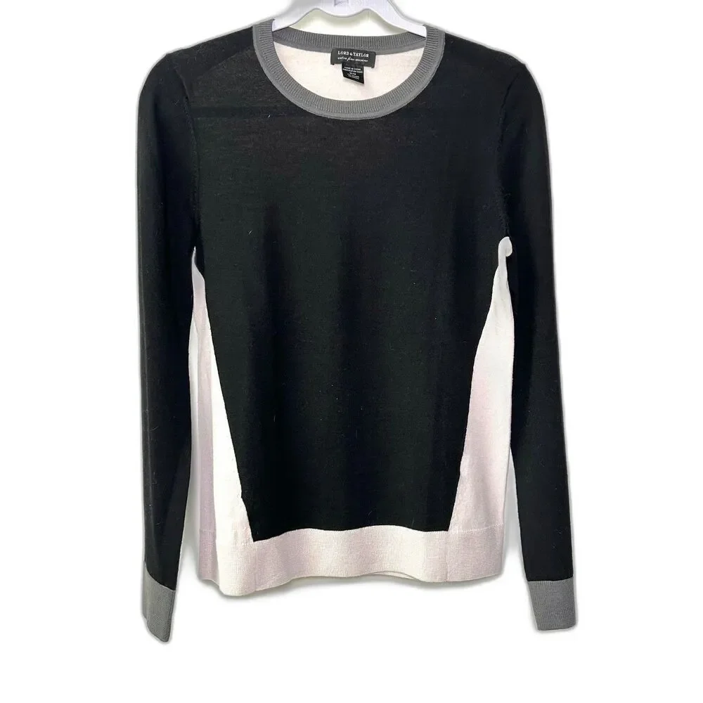 Lord & Taylor 100% Merino Wool Black White Colorblock Sweater Medium